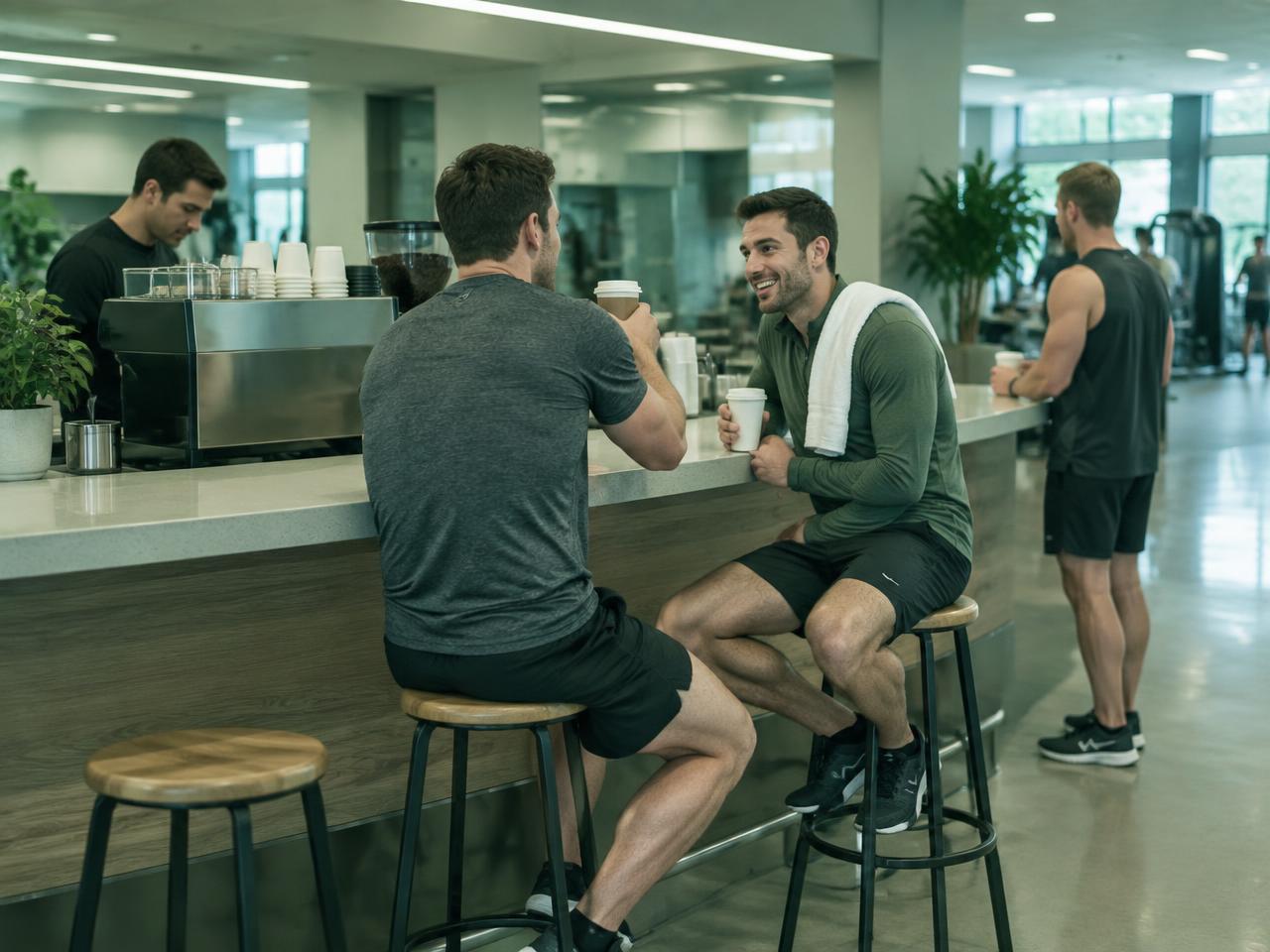 Men talking over coffee beside a training floor