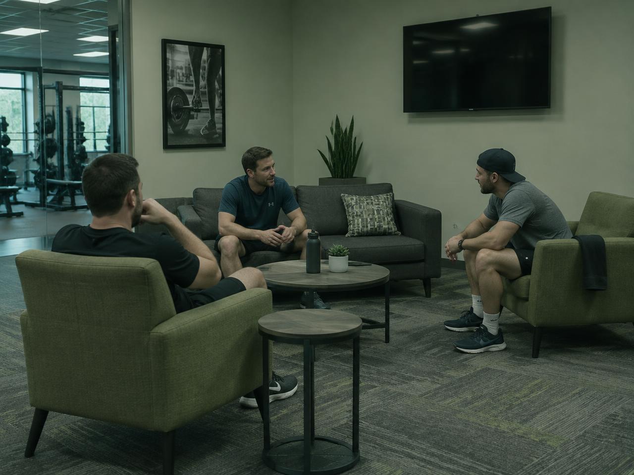 Three men talking in a lounge beside a training floor