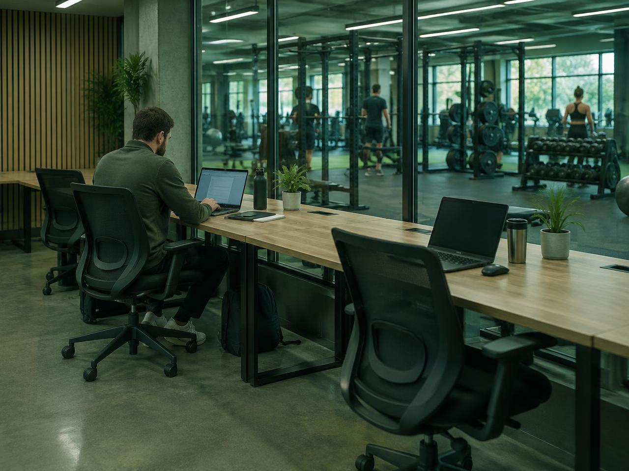 A shared workspace overlooking a training floor