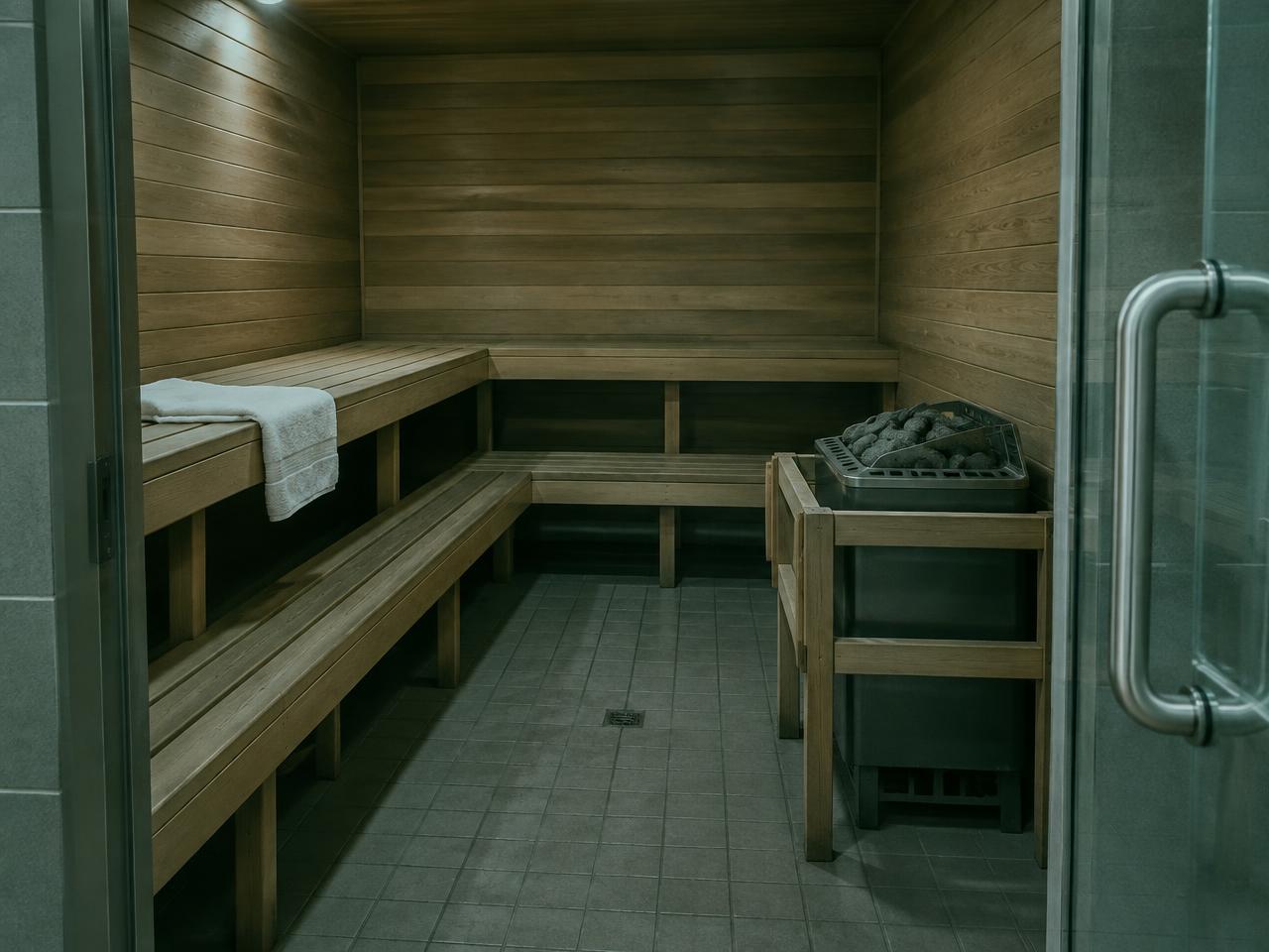 A straightforward wood sauna with tiered benches