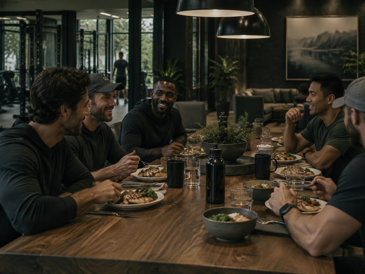 Men sharing a meal around a long wood table